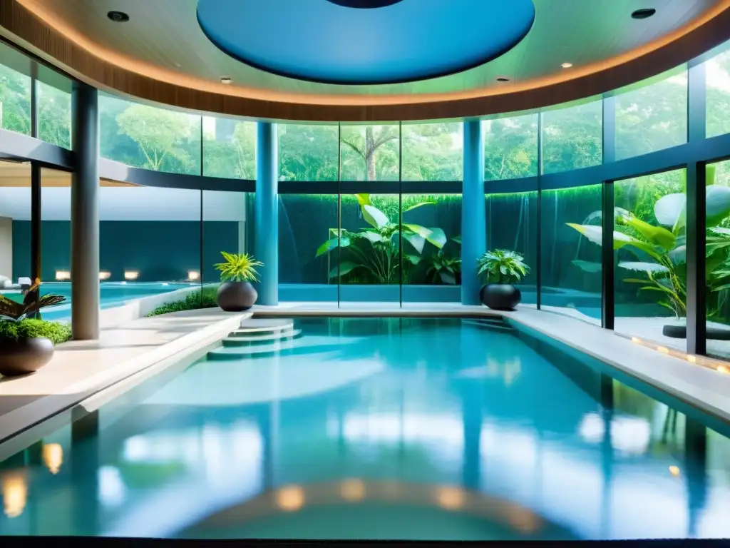 Una piscina de hidroterapia moderna rodeada de vegetación exuberante, con aguas cristalinas y estaciones de hidroterapia