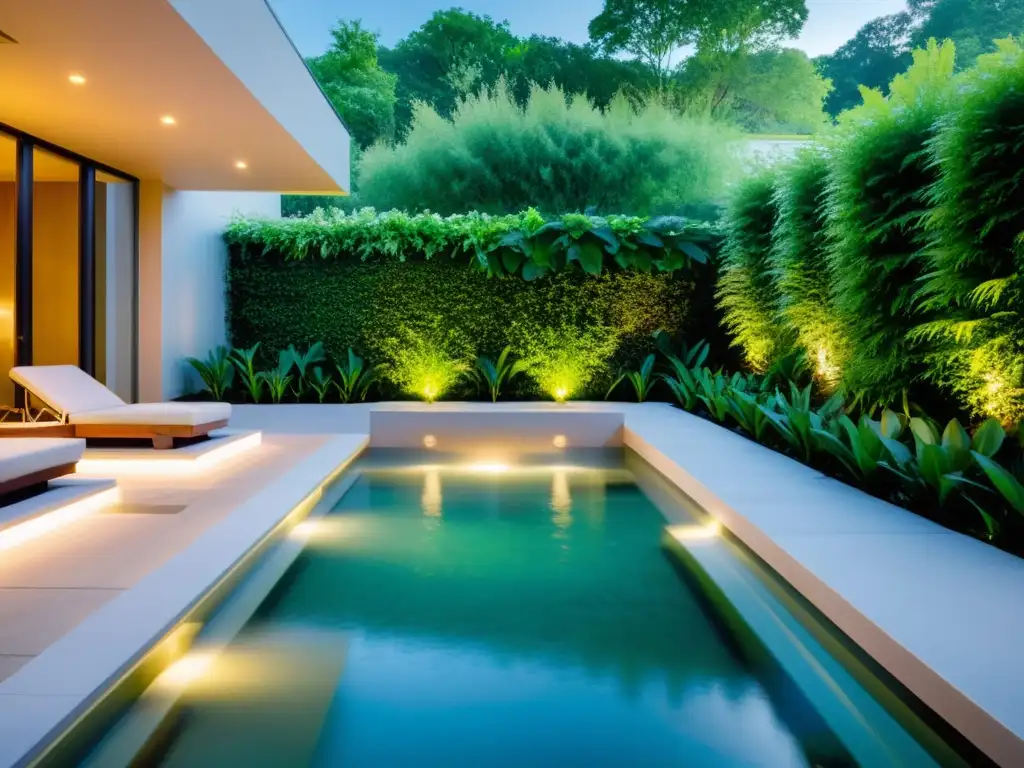 Piscina de hidroterapia accesible y moderna en entorno natural Una piscina de hidroterapia moderna y serena rodeada de vegetación exuberante y acentos de piedra natural, iluminada suavemente con una luz cálida