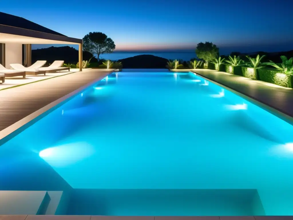 Piscina nocturna iluminada con LEDs azules Una piscina bien iluminada por luces LED submarinas, creando un ambiente seguro y acogedor para nadar por la noche