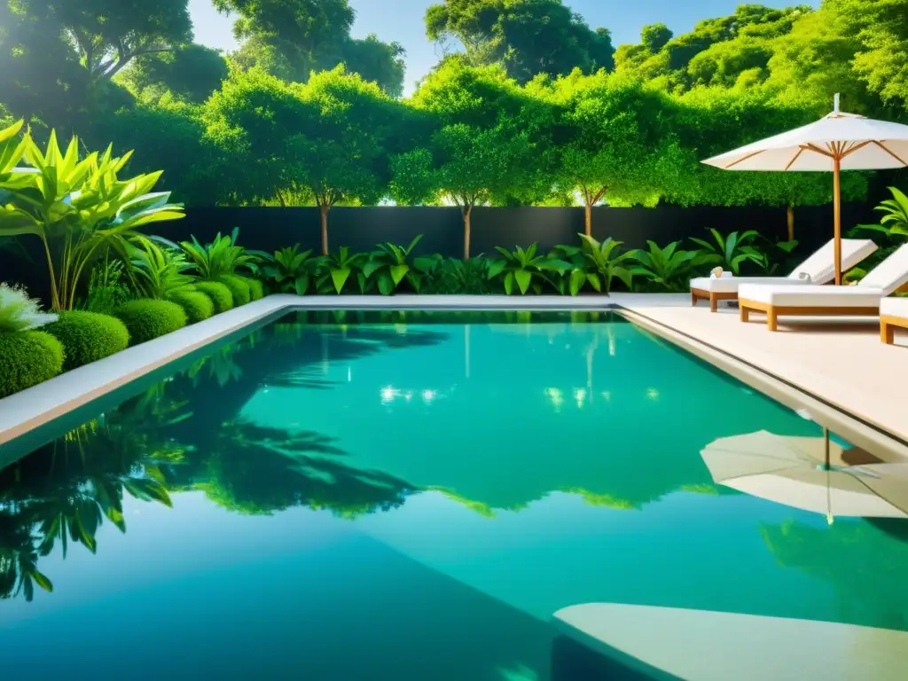Una piscina impecable con agua cristalina, rodeada de exuberante vegetación y mobiliario minimalista