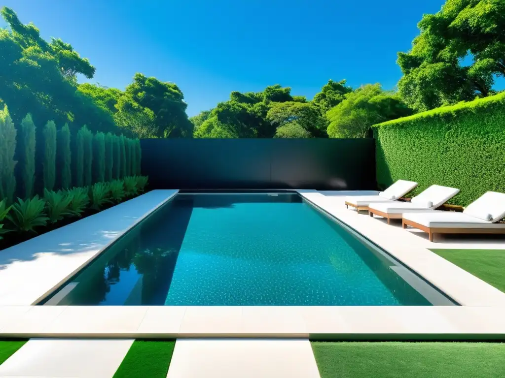 Una piscina impecable y moderna rodeada de exuberante vegetación, con un ambiente sereno y acogedor