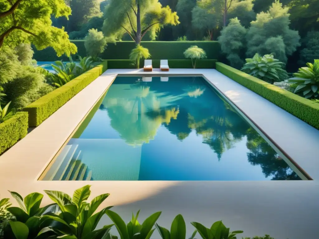 Piscina cristalina rodeada de naturaleza exuberante Una piscina impecable rodeada de exuberante vegetación, bañada por la luz dorada del sol