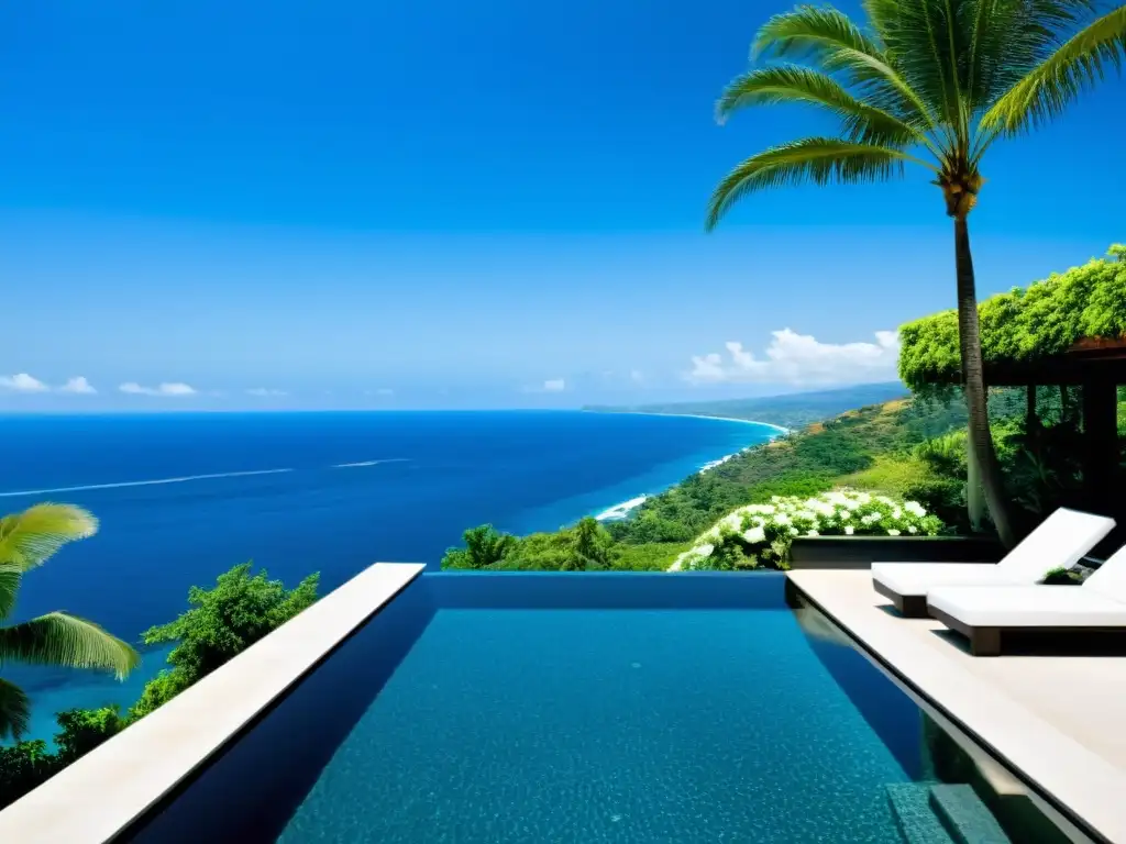 Una piscina infinita moderna y elegante rodeada de exuberante vegetación tropical, reflejando el cielo azul