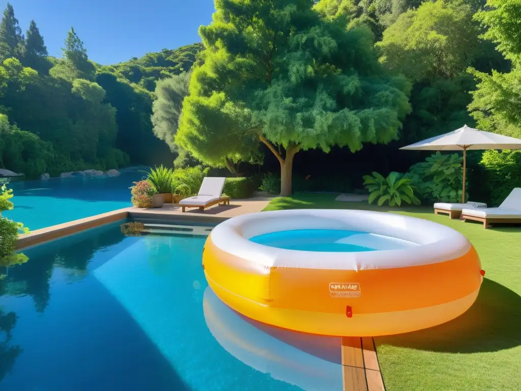 Piscina inflable cristalina en oasis natural Una piscina inflable cristalina rodeada de naturaleza exuberante y flotadores coloridos bajo el cálido sol