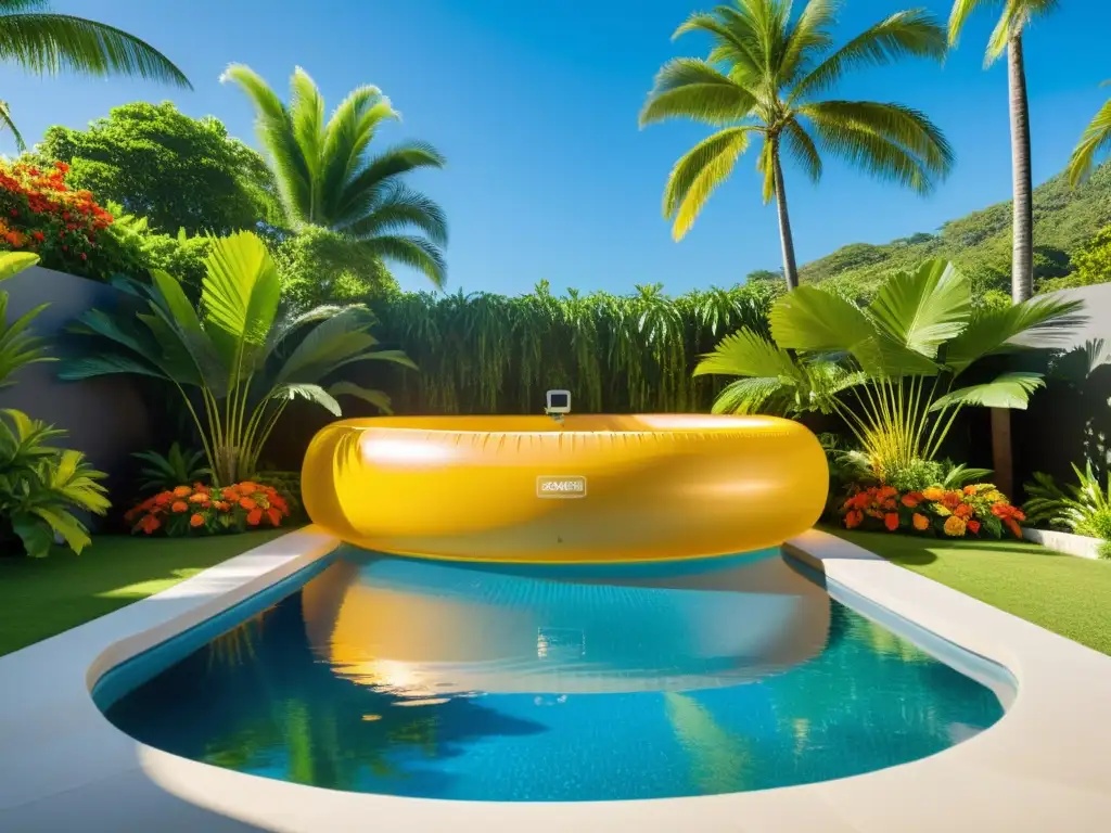 Paraíso tropical: piscina inflable cristalina y exuberante entorno Una piscina inflable cristalina rodeada de palmeras, flores tropicales y un sistema de filtración moderno