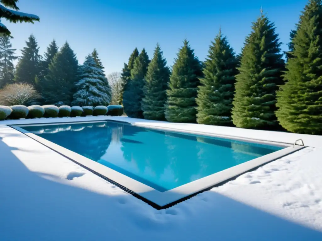 Piscina de invierno con cubierta transparente y nieve Una piscina invernal cubierta con cuidado, reflejando el cielo azul y rodeada de árboles verdes