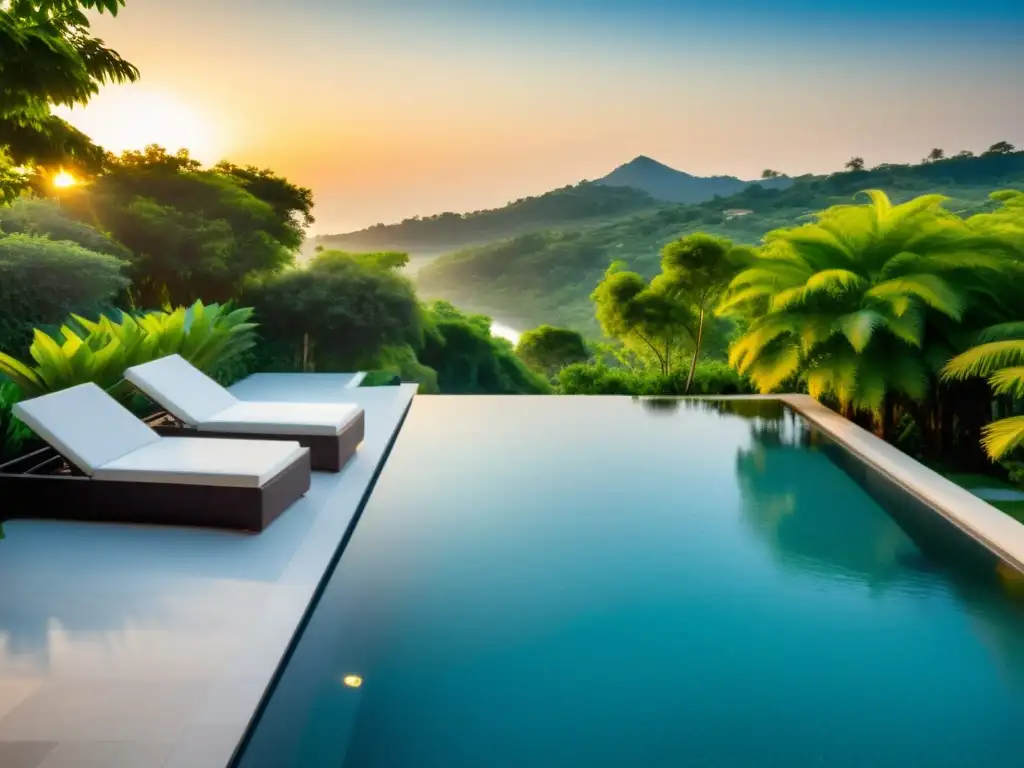 Una piscina de lujo con agua cristalina rodeada de exuberante vegetación y elegantes tumbonas