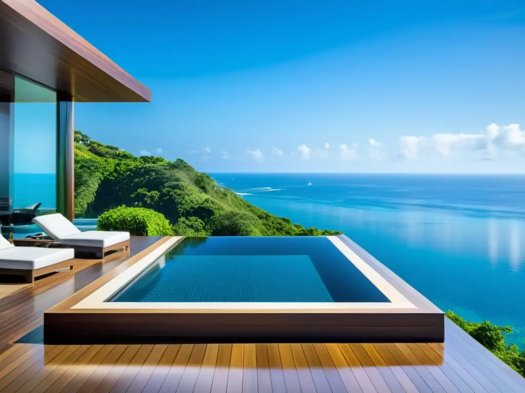 Infinity pool de lujo con vistas al mar Piscina de lujo con borde infinito, rodeada de madera, con vista al mar