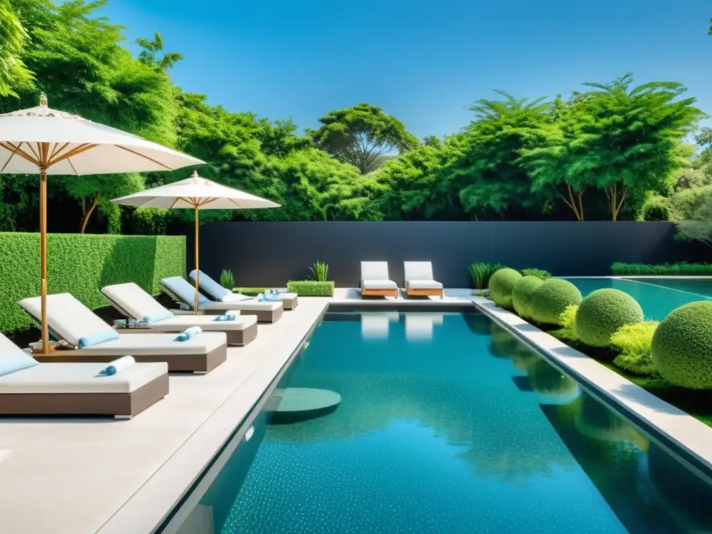 Exclusiva piscina de diseño con vistas al lujo Una piscina de lujo con diseño geométrico, rodeada de naturaleza y mobiliario elegante