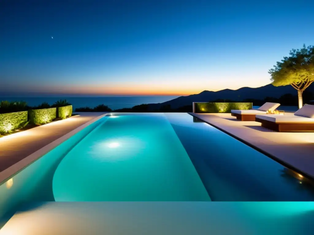 Piscina de lujo en la noche: iluminación subacuática cautivadora Una piscina de lujo iluminada de noche, cumple normativas iluminación piscinas nocturnas, creando una atmósfera serena y acogedora