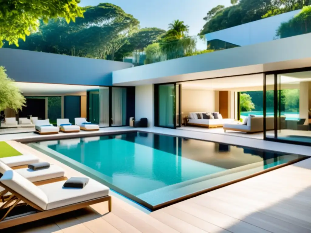 Piscina de lujo con tecnología smart home integrada Una piscina de lujo con tecnología Smart Home integrada, rodeada de elegante mobiliario exterior contemporáneo, bañada por la cálida luz del sol
