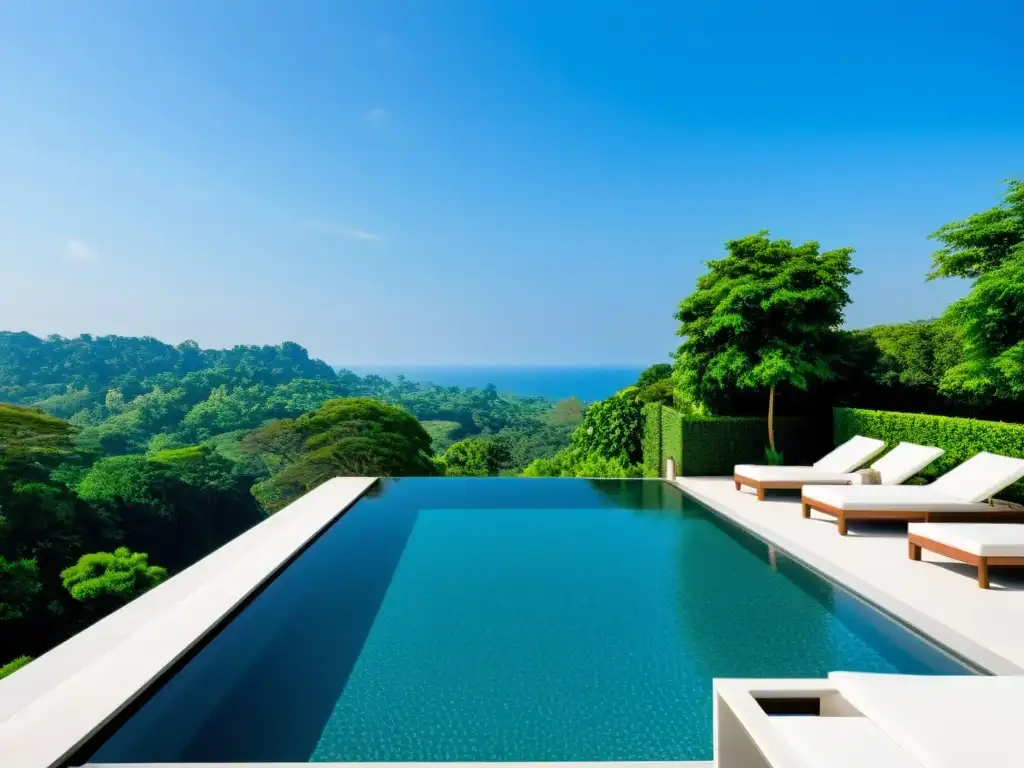 Exquisita piscina infinita moderna rodeada de naturaleza Una piscina de lujo y moderna rodeada de exuberante vegetación y cielo azul