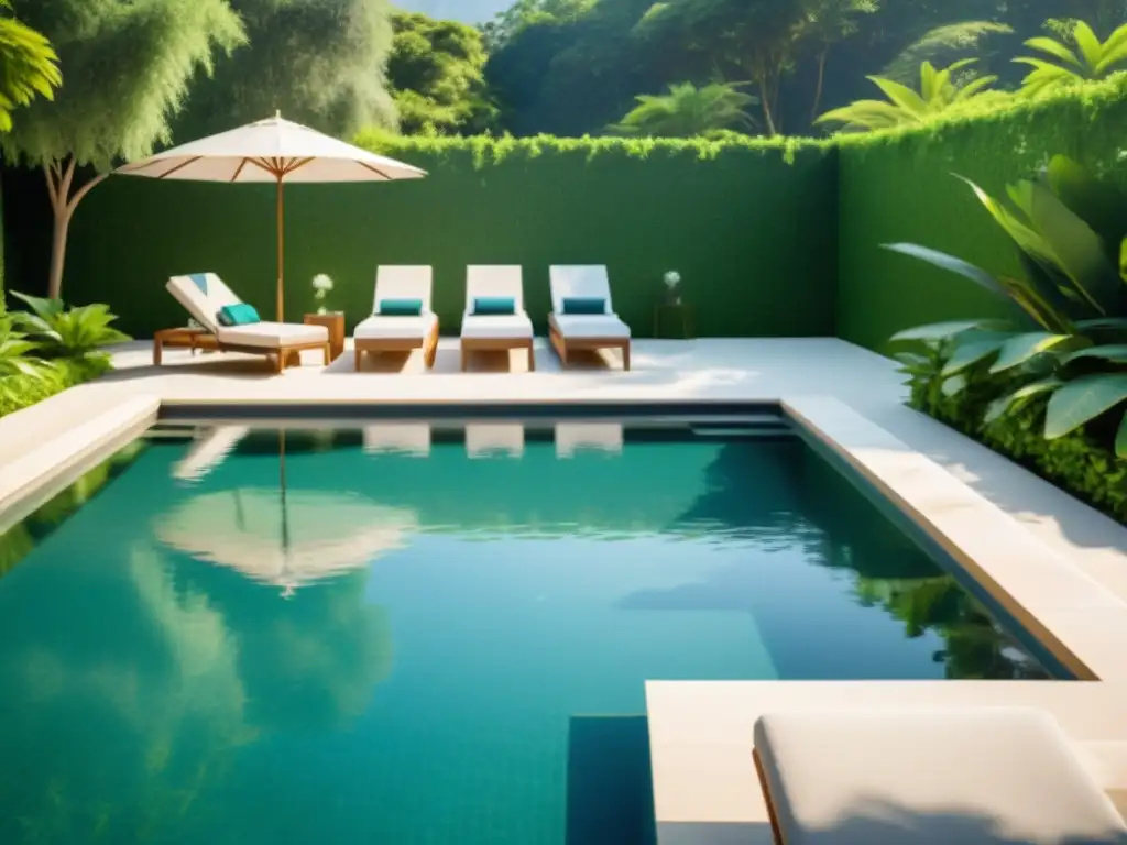 Una piscina de lujo y relajante, rodeada de exuberante vegetación, con un equilibrado cronograma de balance químico piscinas