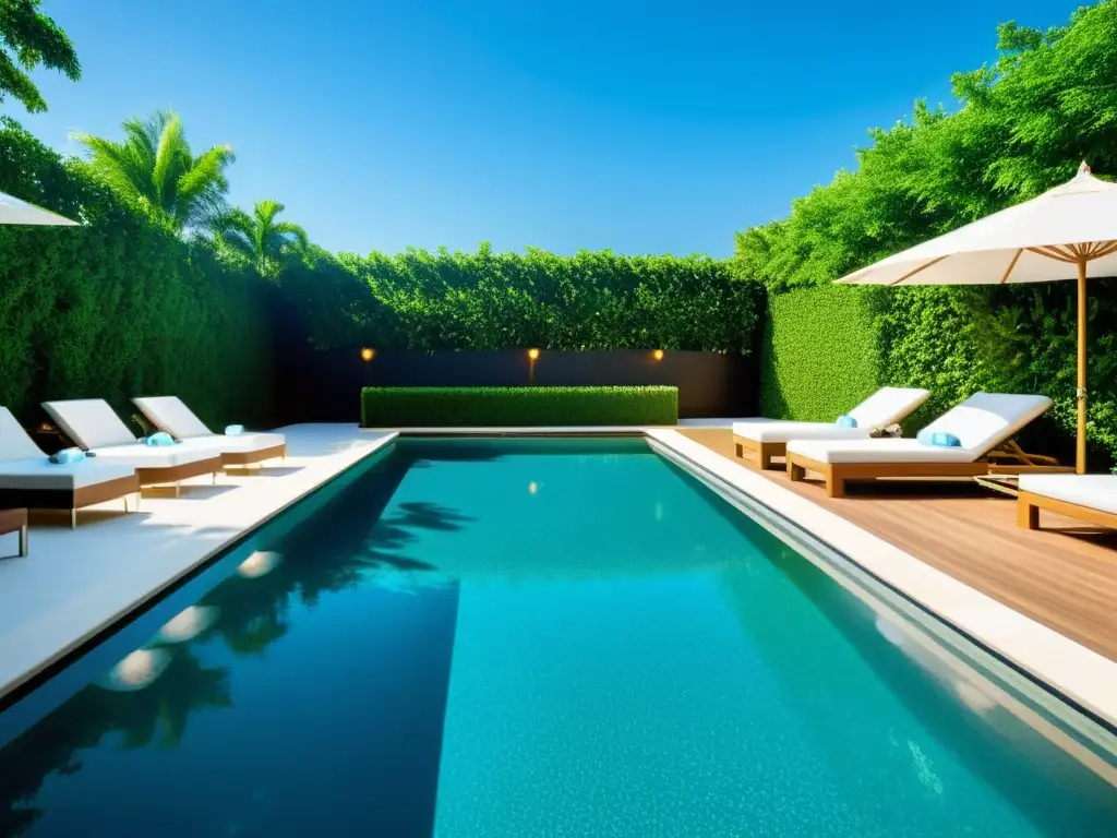 Piscina de lujo entre exuberante vegetación Una piscina de lujo rodeada de exuberante vegetación y elegante mobiliario exterior