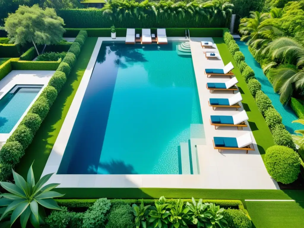 Espléndida piscina de lujo entre exuberante vegetación y diseño moderno Una piscina de lujo rodeada de exuberante vegetación y mobiliario moderno