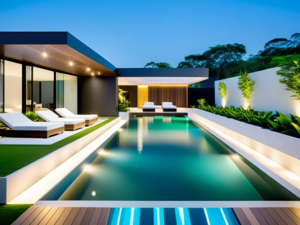 Piscina de lujo con tecnología avanzada y diseño moderno Piscina de lujo con tecnología punta, integrada a la perfección en el hogar suburbano, rodeada de exuberante vegetación y mobiliario contemporáneo