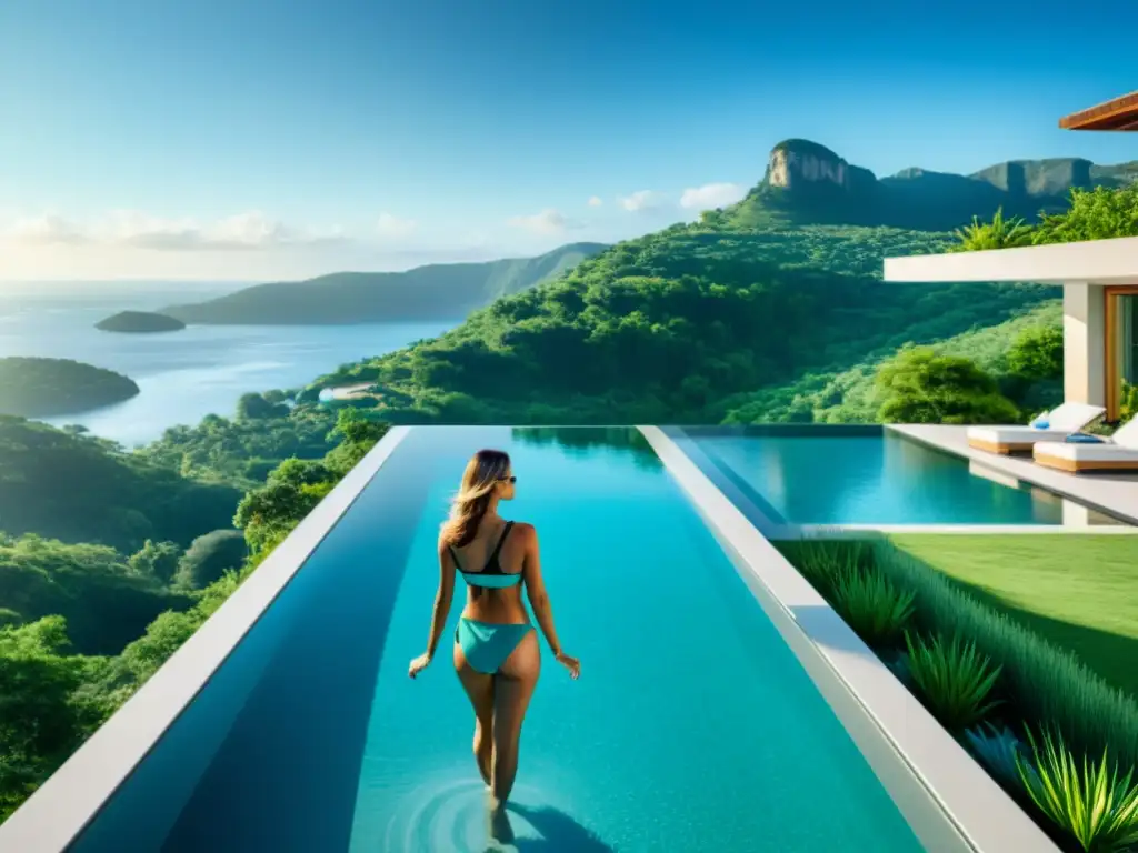 Infinity pool de lujo con paisaje paradisíaco Una piscina de lujo con vistas a un paisaje pintoresco
