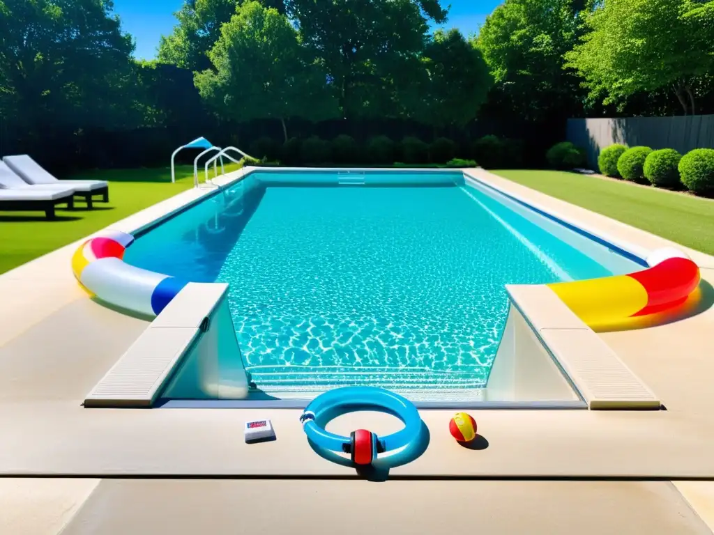Piscina segura y divertida para niños Una piscina moderna con agua cristalina, juguetes coloridos y medidas de seguridad