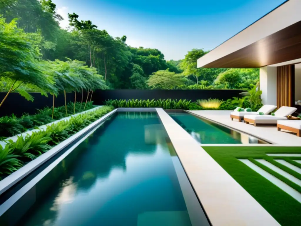 Infinity pool de diseño moderno en armonía natural Una piscina moderna con borde infinito rodeada de exuberante vegetación y elementos de piedra natural
