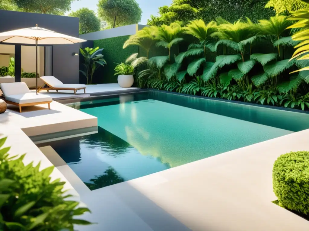 Piscina moderna y segura rodeada de exuberante vegetación Una piscina moderna y elegante con revestimientos antideslizantes, rodeada de exuberante vegetación y muebles contemporáneos
