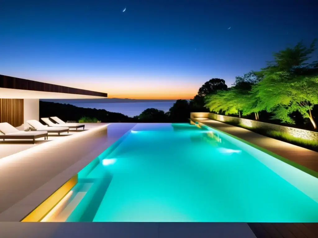 Piscina nocturna con luces LED subacuáticas deslumbrantes Una piscina moderna iluminada con innovaciones en iluminación de piscinas, creando un ambiente de lujo y sofisticación por la noche