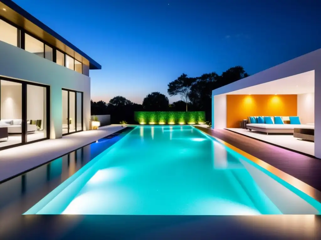 Piscina moderna iluminada con tecnología inteligente Una piscina moderna iluminada por iluminación inteligente, reflejando colores vibrantes en el agua, creando un ambiente cautivador
