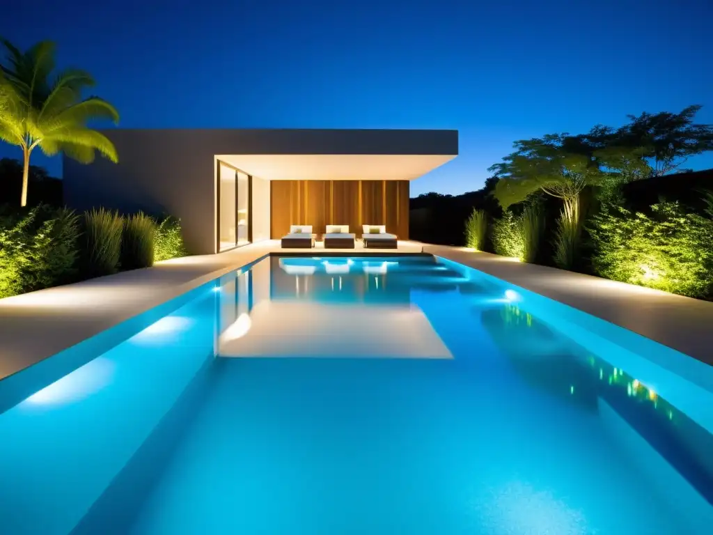 Piscina nocturna: luces LED subacuáticas crean un ambiente impresionante Una piscina moderna iluminada por luces LED subacuáticas, creando un ambiente seguro y sofisticado