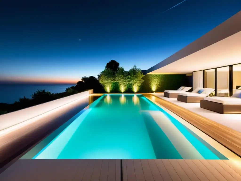 Piscina de lujo con iluminación LED en 8k Una piscina moderna iluminada con tecnología LED, reflejando sofisticación y tranquilidad