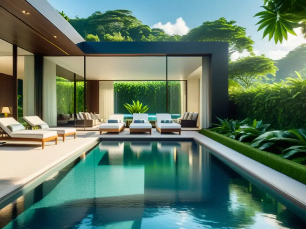 Espléndida piscina de lujo con ambiente relajante Una piscina moderna y lujosa con aguas cristalinas, rodeada de elegantes sillas de descanso y exuberante vegetación