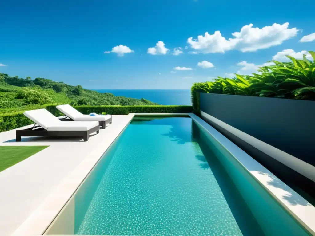 Piscina de lujo con borde infinito y diseño moderno Una piscina moderna y lujosa con líneas geométricas elegantes y borde infinito, rodeada de exuberante vegetación y mobiliario exterior