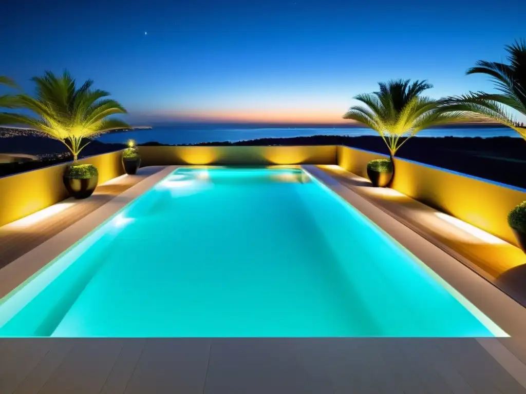 Piscina de lujo con iluminación LED inteligente Una piscina moderna y lujosa de noche con iluminación inteligente para piscinas Smart Home, creando un ambiente cautivador y vibrante