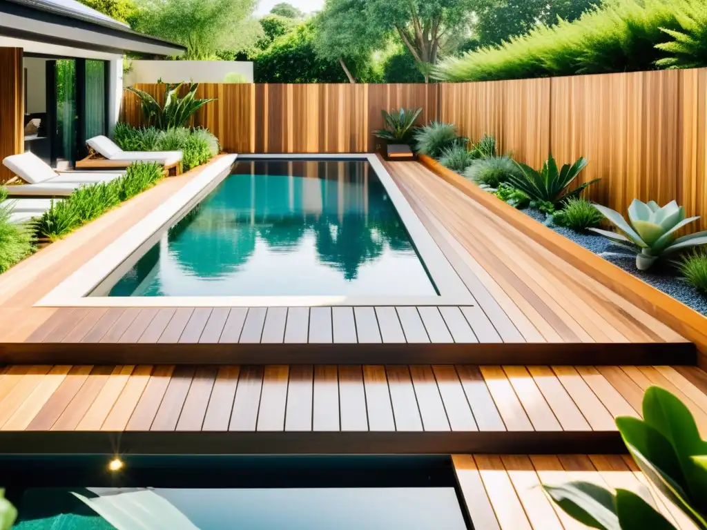 Piscina ecológica de lujo en patio verde Una piscina moderna y lujosa rodeada de vegetación, con materiales ecofriendly y un diseño sostenible