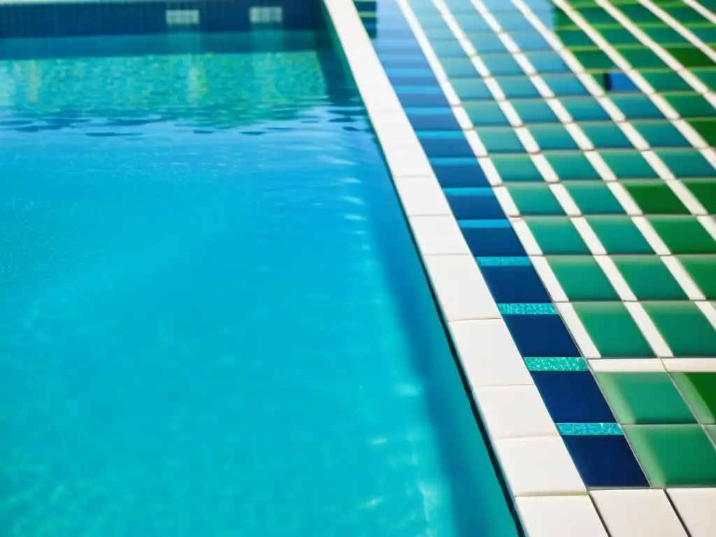 Piscina moderna con mosaicos vibrantes Una piscina moderna con mosaicos en tonos vibrantes de azul, verde y blanco