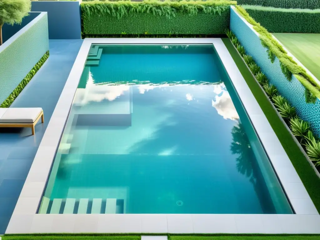 Piscina moderna con mosaicos en tonos azules y verdes Una piscina moderna con mosaicos en tonos azules y verdes, reflejando la luz del sol para crear un patrón hipnotizante en el agua