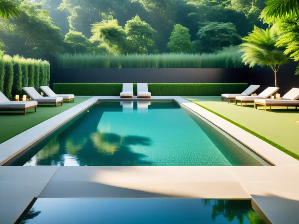 Espejismo de Serenidad: Piscina Moderna en Medio de la Naturaleza Una piscina moderna y relajante rodeada de exuberante vegetación