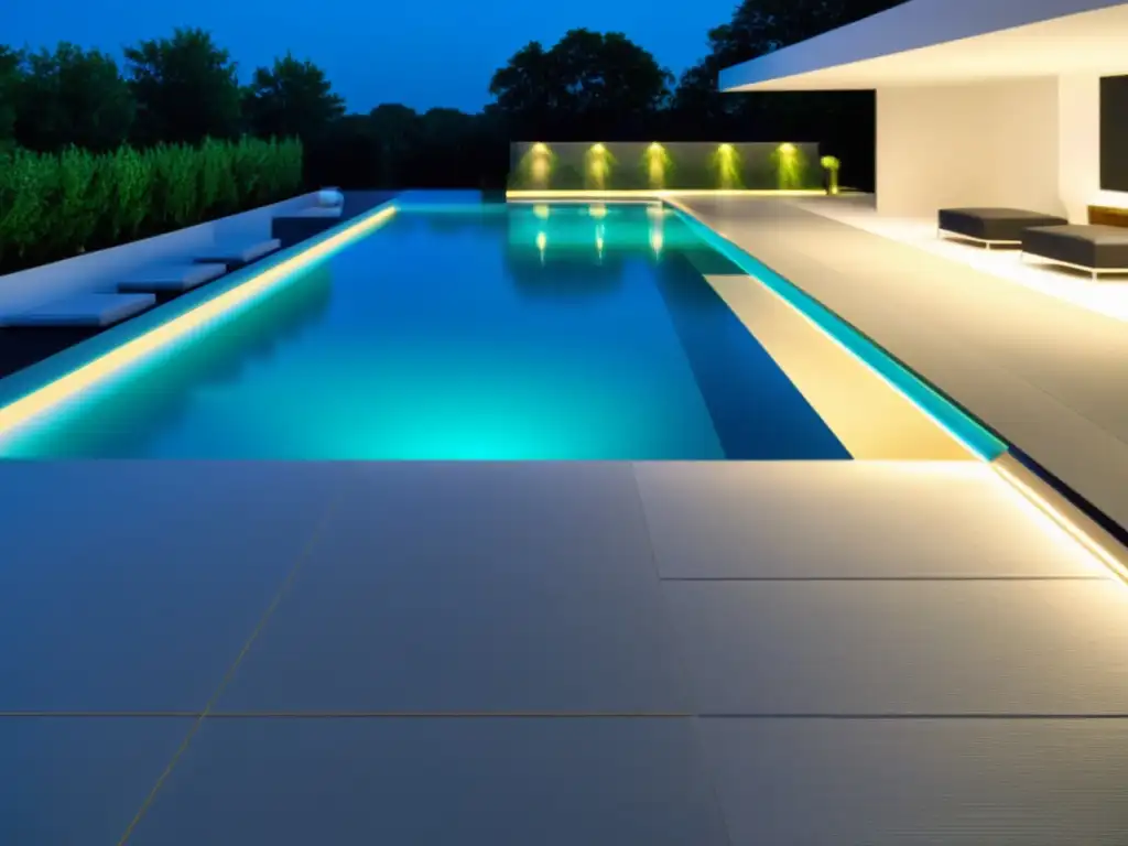 Moderna piscina con revestimiento antideslizante y diseño innovador Una piscina moderna con revestimientos antideslizantes, diseño innovador y ambiente seguro y sofisticado