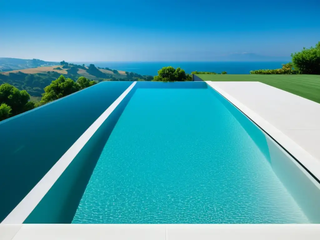 Piscina moderna con recubrimiento antideslizante Una piscina moderna con revestimientos antideslizantes, agua cristalina y diseño sofisticado