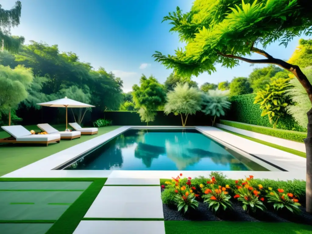 Armonía natural: piscina moderna en entorno biodiverso Una piscina moderna rodeada de exuberante vegetación, con flores y plantas coloridas que crean un ambiente biodiverso y vibrante
