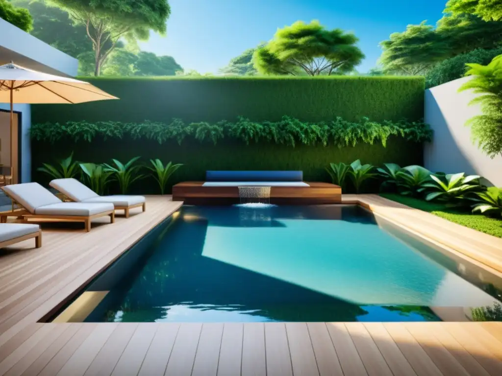 Piscina moderna en armonía con la naturaleza Una piscina moderna rodeada de vegetación exuberante, con una cascada tranquila y piedras estratégicamente colocadas para equilibrio energético