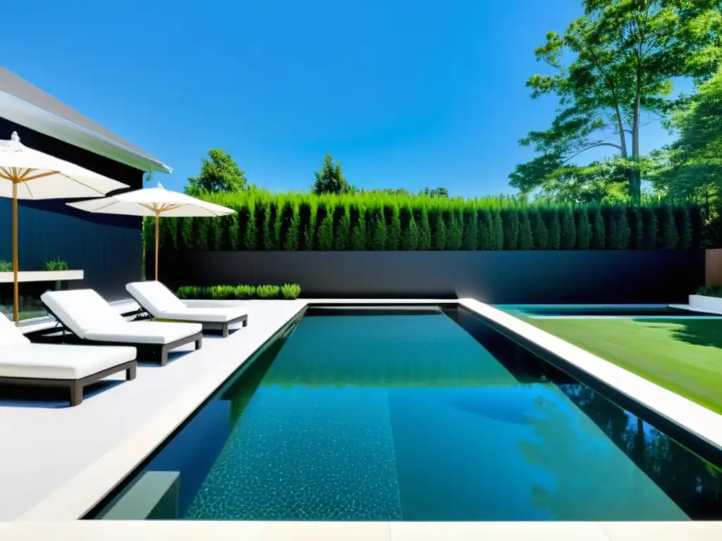 Piscina geométrica elegante en un jardín moderno Una piscina moderna y serena, con diseño geométrico, rodeada de vegetación