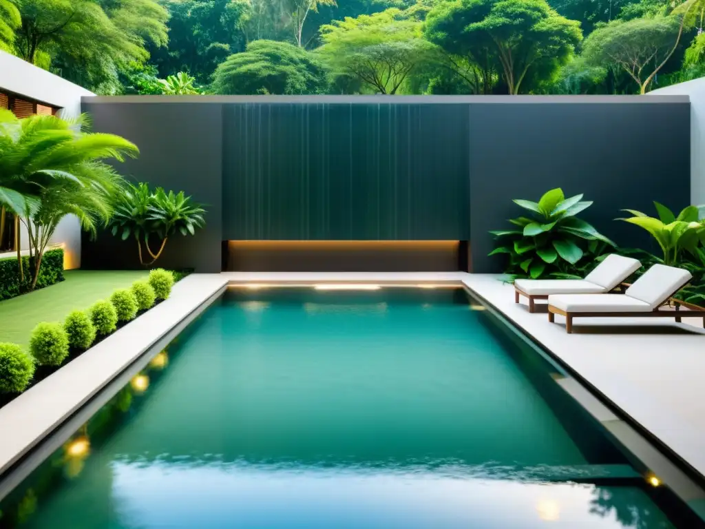 Piscina moderna en armonía con la naturaleza Una piscina moderna y serena rodeada de exuberante vegetación, con agua clara y tranquila que refleja el paisaje