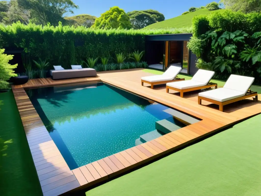 Exuberante piscina ecológica con diseño sostenible y moderno Una piscina moderna y sostenible rodeada de exuberante vegetación