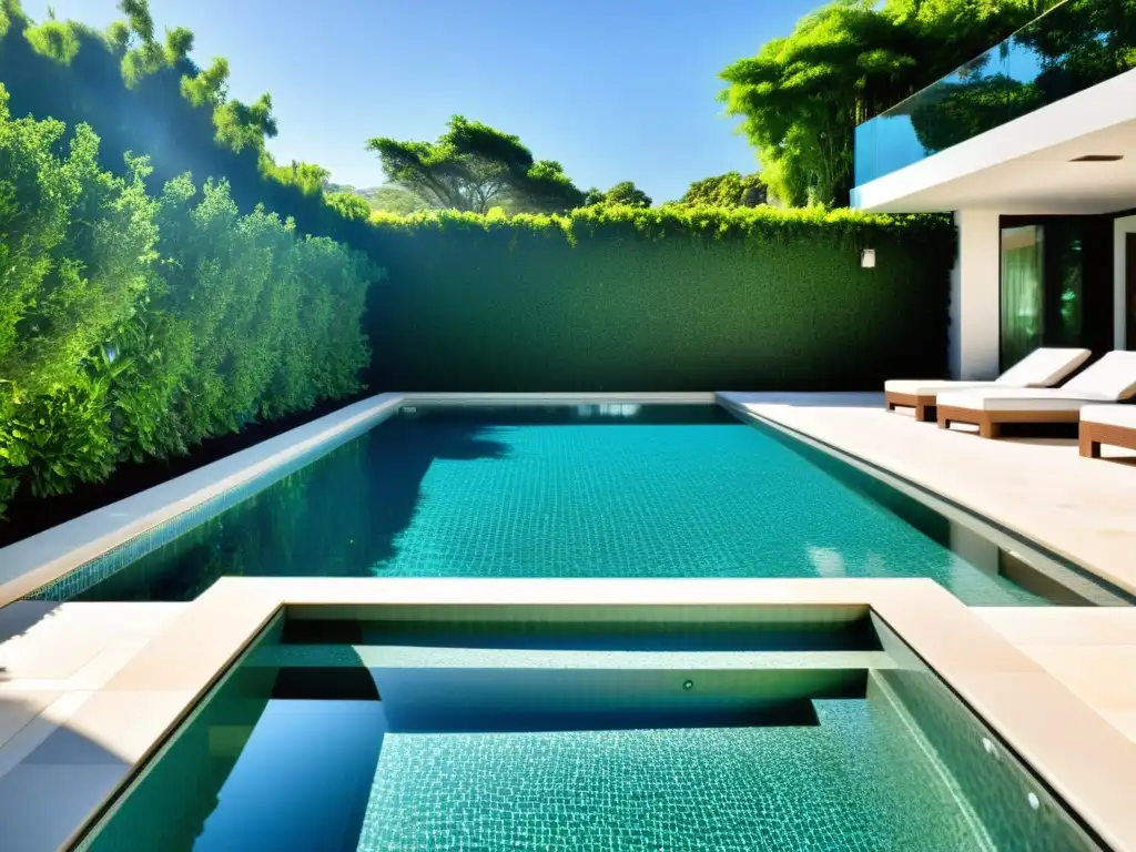 Espléndida piscina moderna con agua cristalina y entorno exuberante Una piscina moderna de tamaño ideal para el hogar, con aguas cristalinas y un entorno exuberante y lujoso
