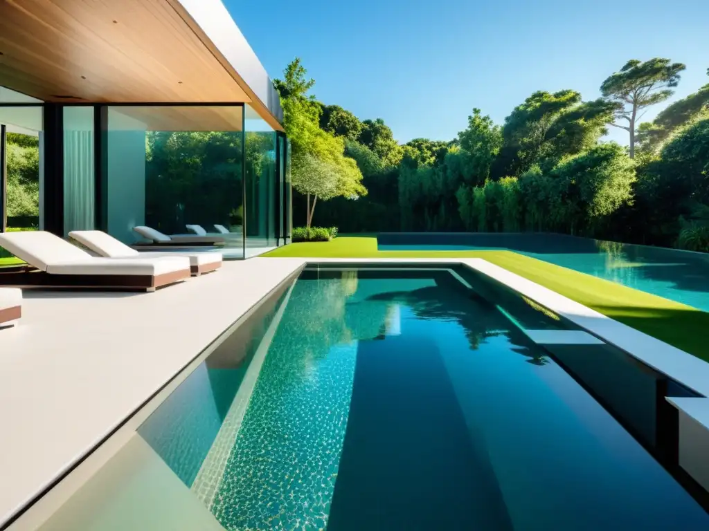 Espectacular piscina de cristal con diseño moderno Piscina con paredes de vidrio, diseño moderno y agua cristalina, rodeada de paisajismo lujoso y elegante