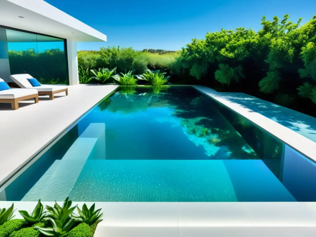 Piscina de cristal con vistas submarinas y vida acuática vibrante Piscina con paredes de vidrio, reflejos del paisaje y un mundo submarino vibrante, creando un espectáculo visual impresionante
