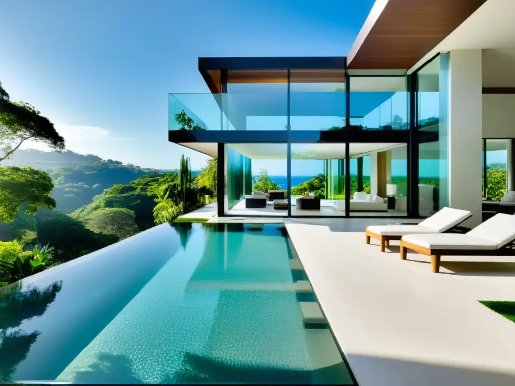 Piscina de lujo con paredes de vidrio y exuberante paisaje Piscina con paredes de vidrio rodeada de exuberante vegetación y arquitectura contemporánea, creando un ambiente de lujo y tranquilidad