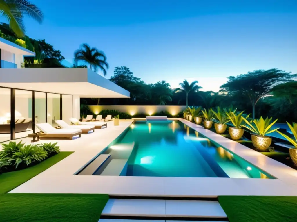 Una piscina personalizada ultramoderna con líneas geométricas elegantes, rodeada de exuberante paisajismo y elementos de lujo