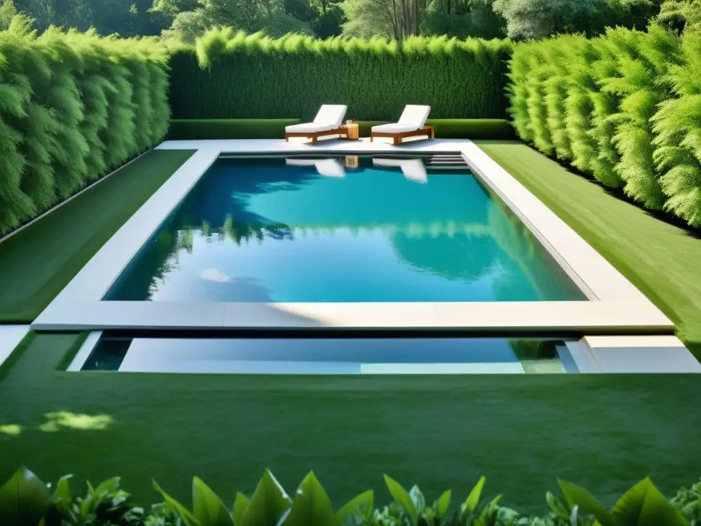 Una piscina reluciente, bañada por el sol y rodeada de exuberante vegetación