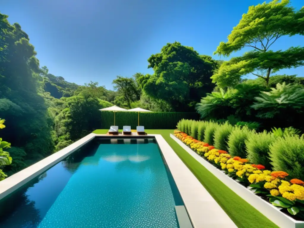 Una piscina reluciente y cristalina rodeada de exuberante vegetación y cielos azules