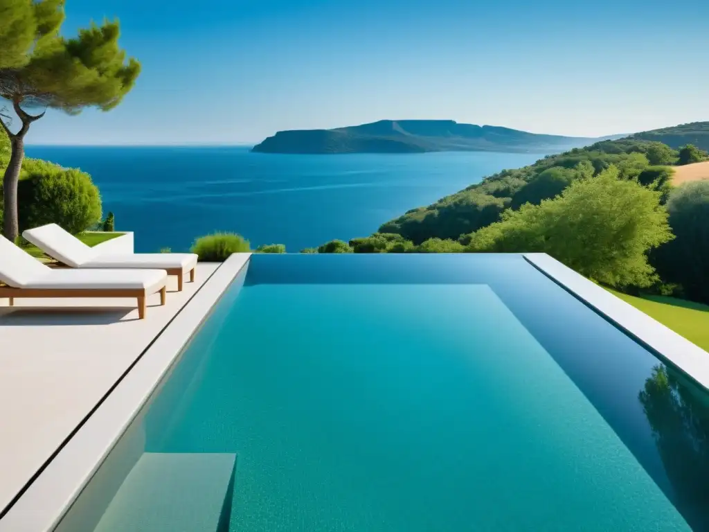 Piscina cristalina: Armonía química y tranquilidad Una piscina reluciente y equilibrada, con agua cristalina que refleja el paisaje